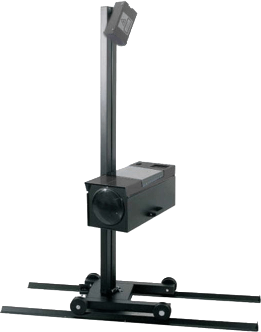 Headlamp beam tester on a rail-mounted column