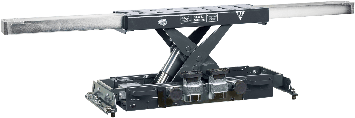 Hydraulic scissor jacking beam with axle pads