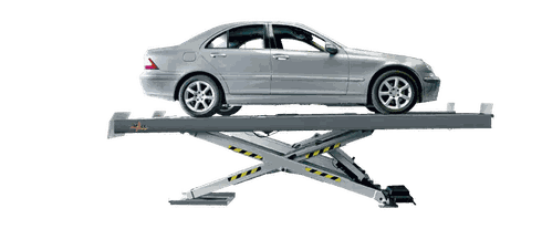 Scissor lift raising a car on a full-length platform